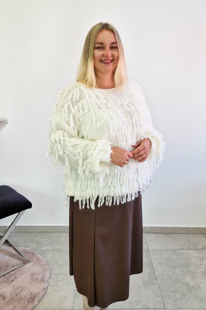 Sweter Damski z Frędzlami z Długim Rękawem Kremowy
