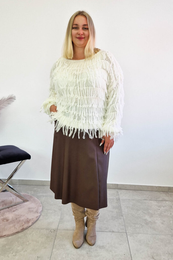 Sweter Damski z Frędzlami z Długim Rękawem Kremowy - obrazek 3