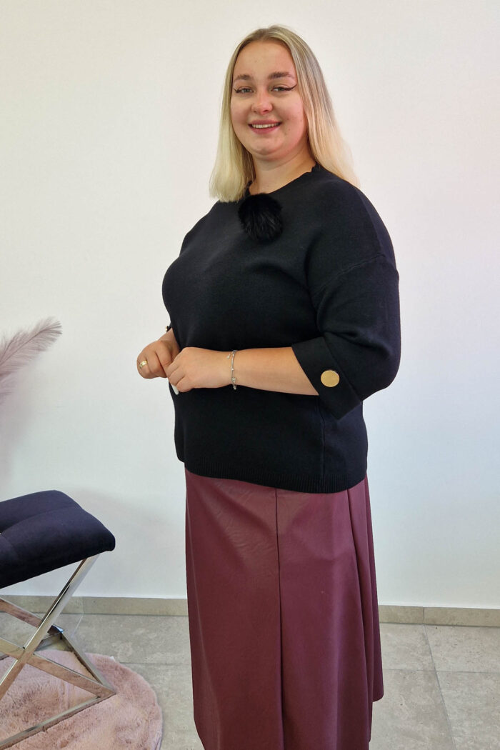 Sweter Damski z Futrzaną Broszą Czarny - obrazek 3