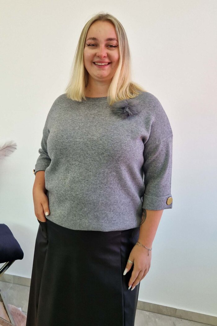 Sweter Damski z Futrzaną Broszą Popielaty