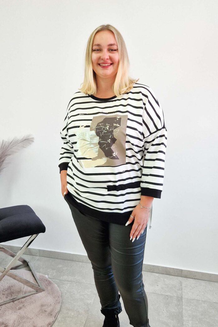 Bluza Damska w Pasy z Wiązaniem Czarno-Biała