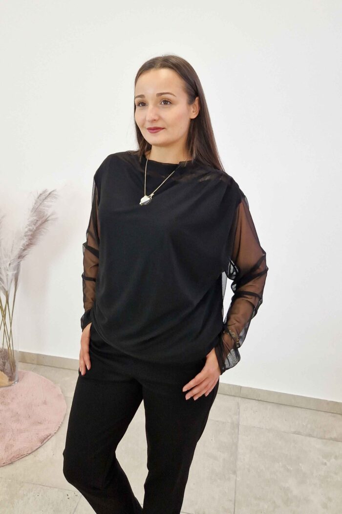 Elegancka Bluzka Damska z Drapowanym Dekoltem Czarna - obrazek 3