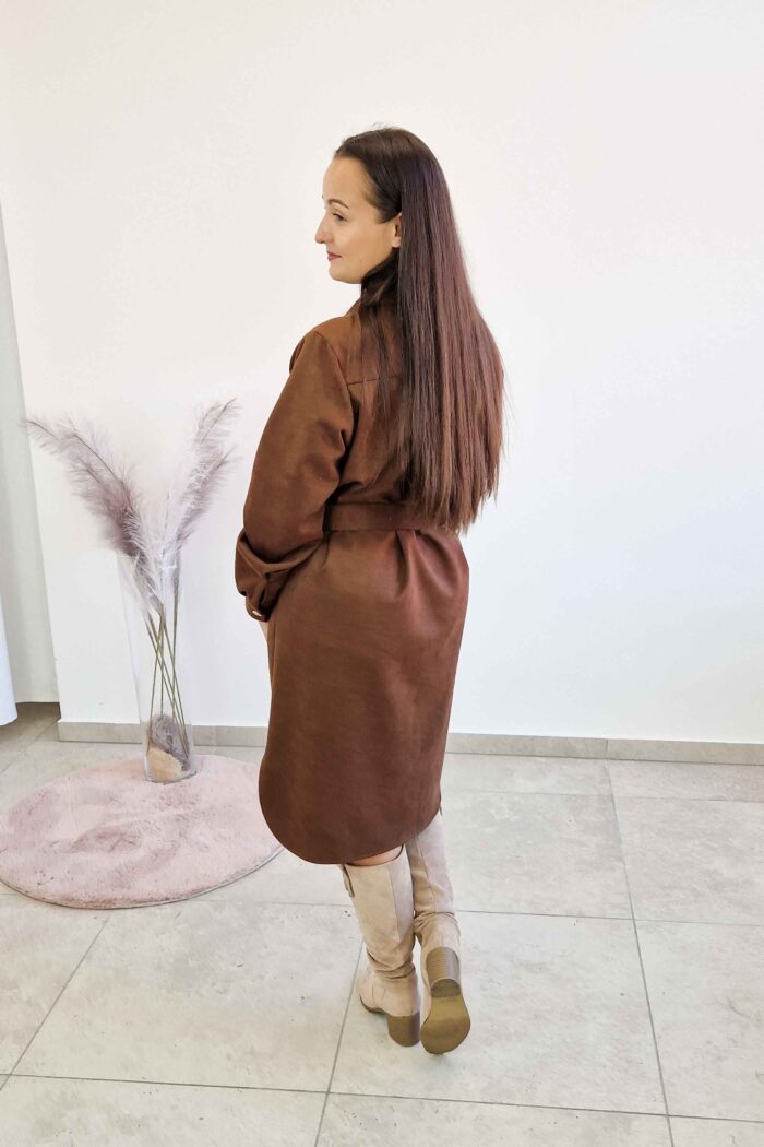 Elegancka Sukienka Damska Midi Szmizjerka z Irchy z Paskiem Brązowa - obrazek 3