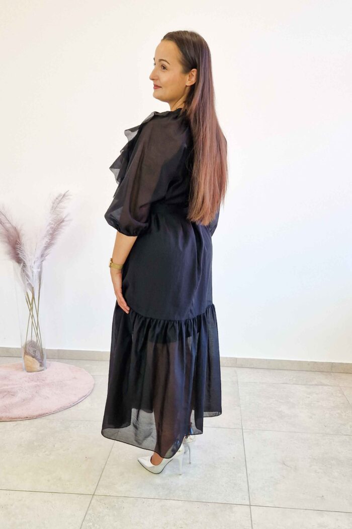 Elegancka Zwiewna Sukienka Maxi Damska z Falbanami Czarna - obrazek 3