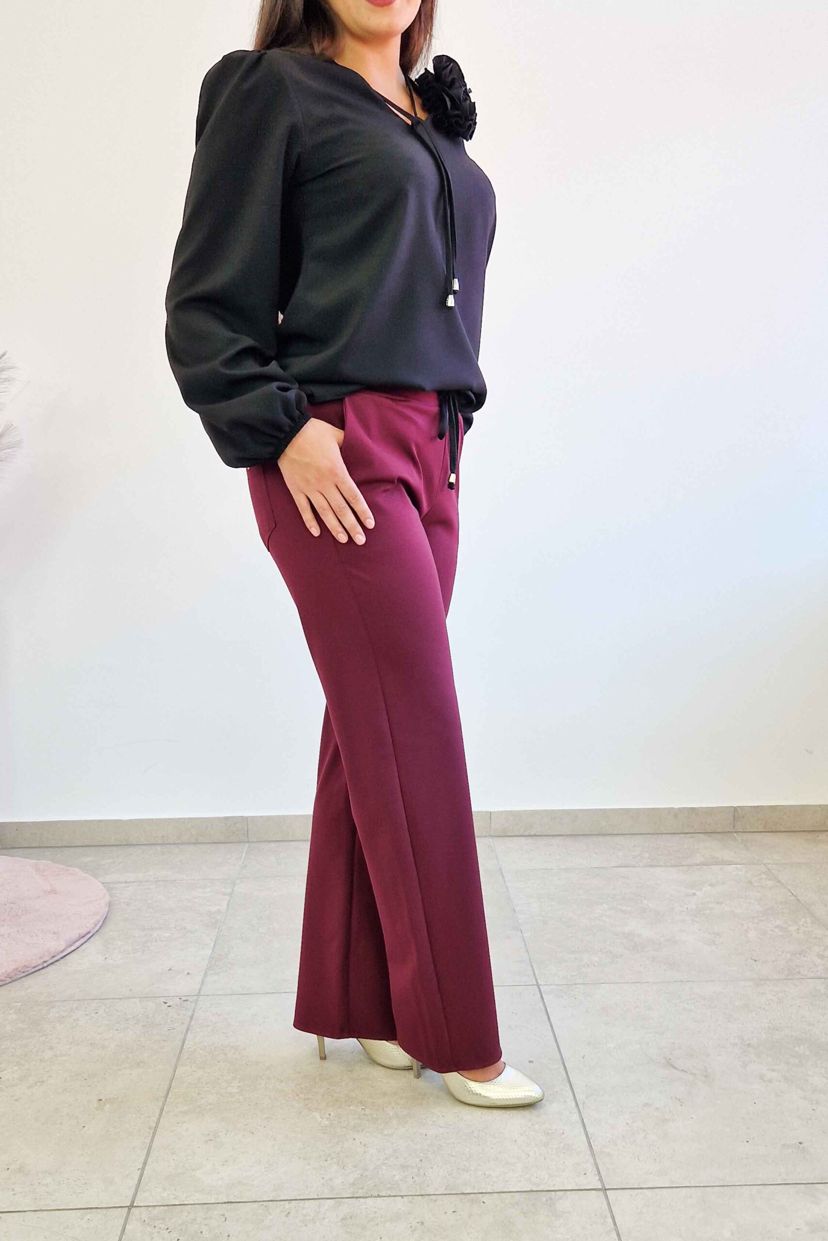 Sklep internetowy NeliNo Simili Spodnie Damskie Prosta Nogawka Bordowe - obrazek 3