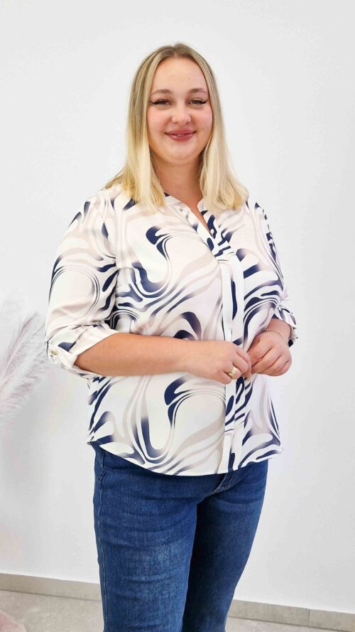 Biało Niebieska Elegancka Bluzka Damska w Mazy z Plisą Rękaw 3/4