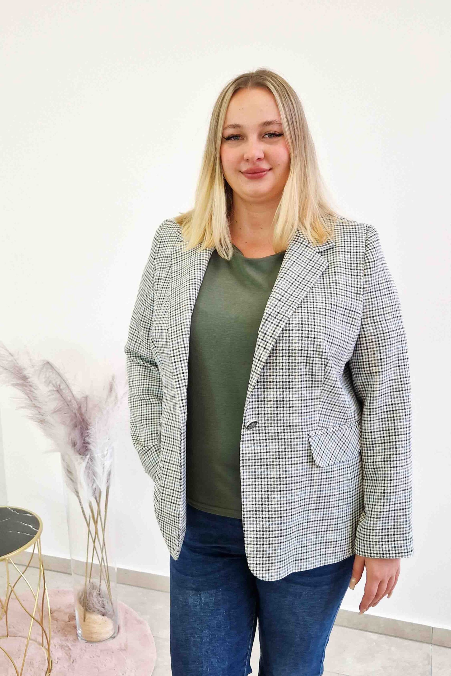 Sklep internetowy NeliNo Elegancka Marynarka w Kratę Damska Granatowo-Zielona - obrazek 8