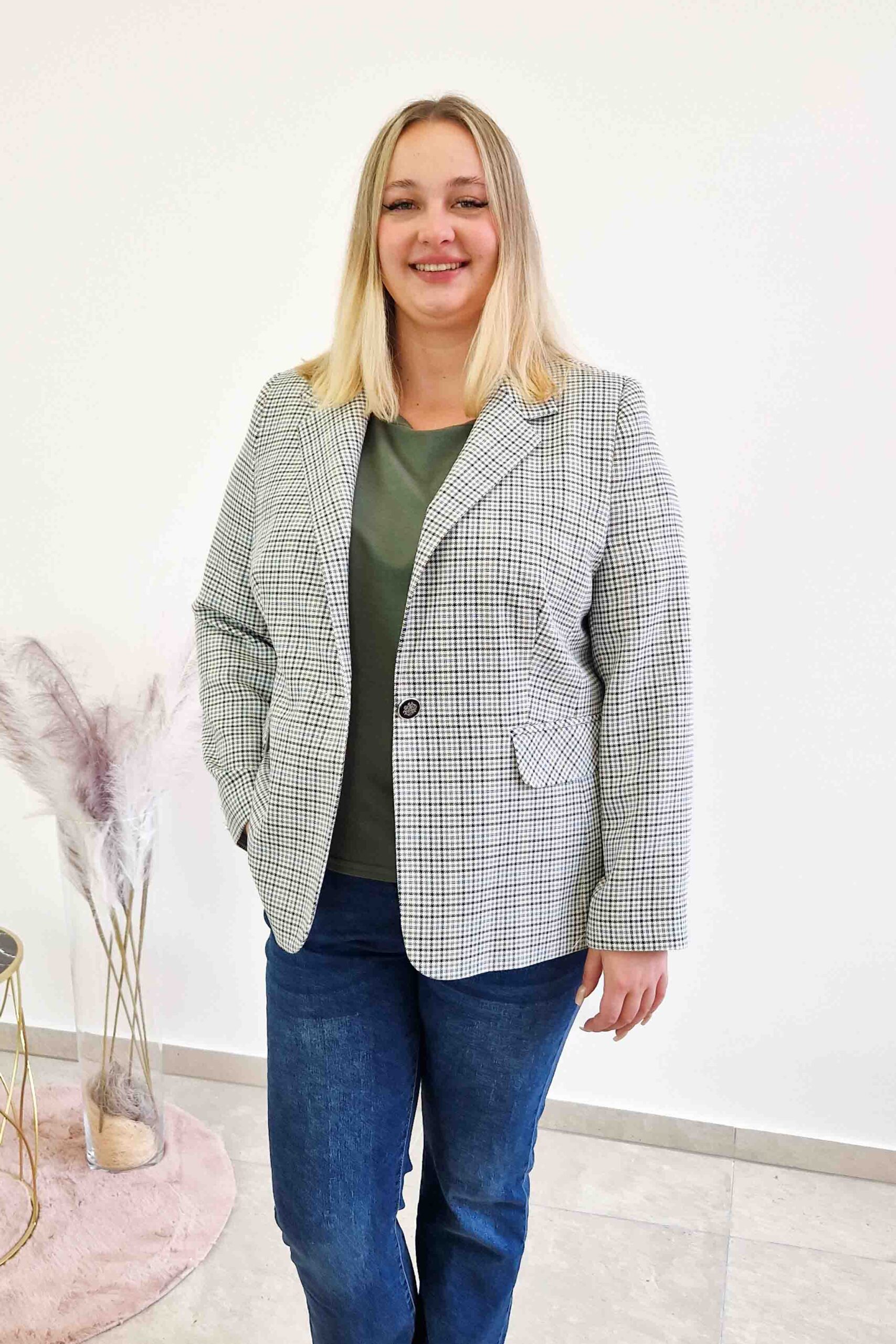 Sklep internetowy NeliNo Elegancka Marynarka w Kratę Damska Granatowo-Zielona - obrazek 7