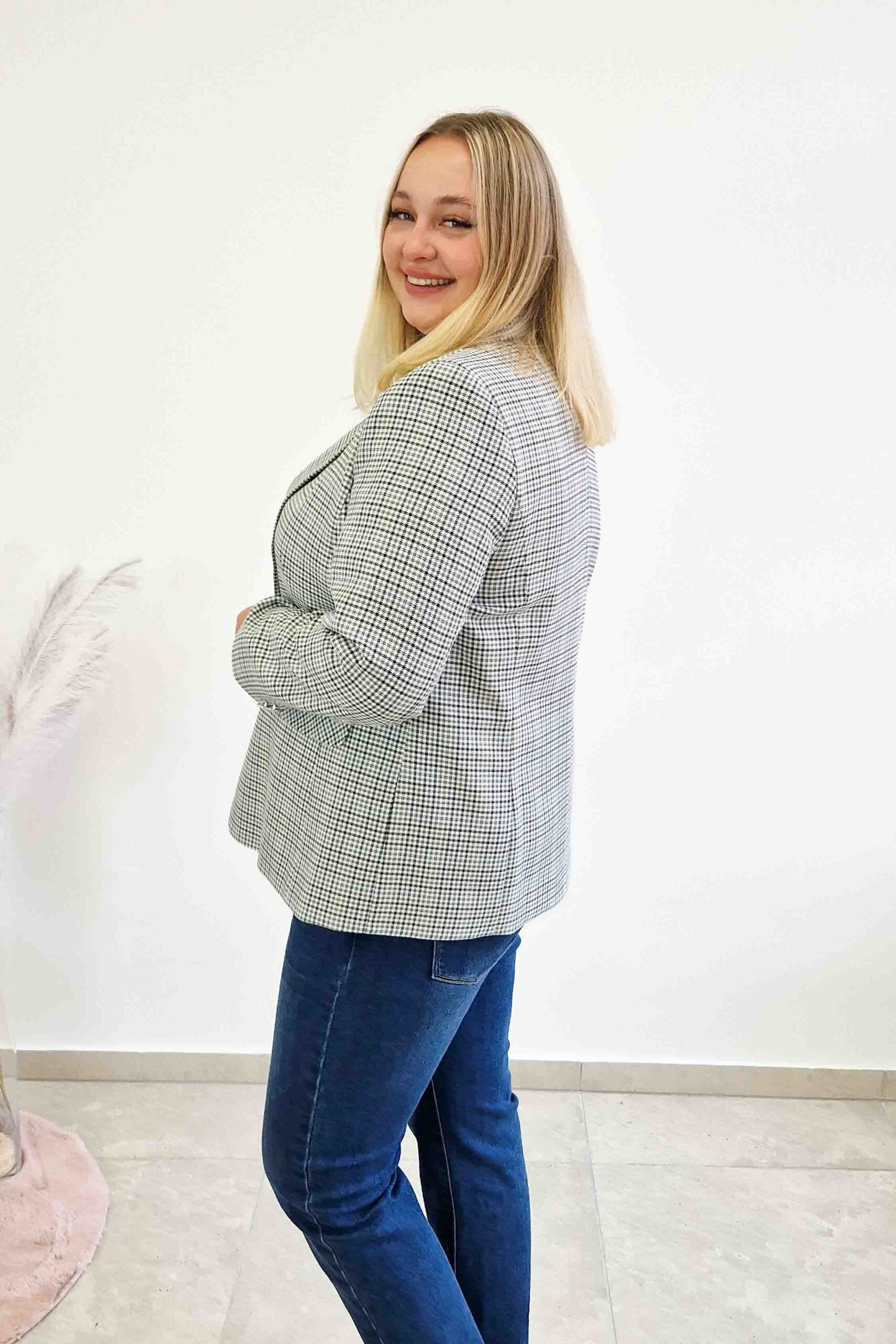 Sklep internetowy NeliNo Elegancka Marynarka w Kratę Damska Granatowo-Zielona - obrazek 5