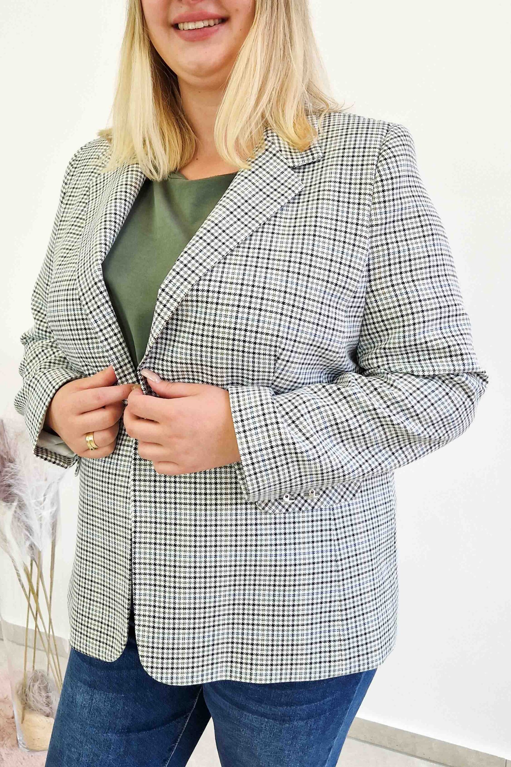 Sklep internetowy NeliNo Elegancka Marynarka w Kratę Damska Granatowo-Zielona - obrazek 3