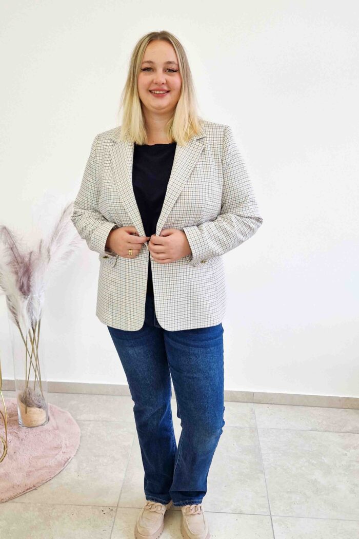 Elegancka Marynarka w Kratę Damska Beżowo-Granatowa - obrazek 2