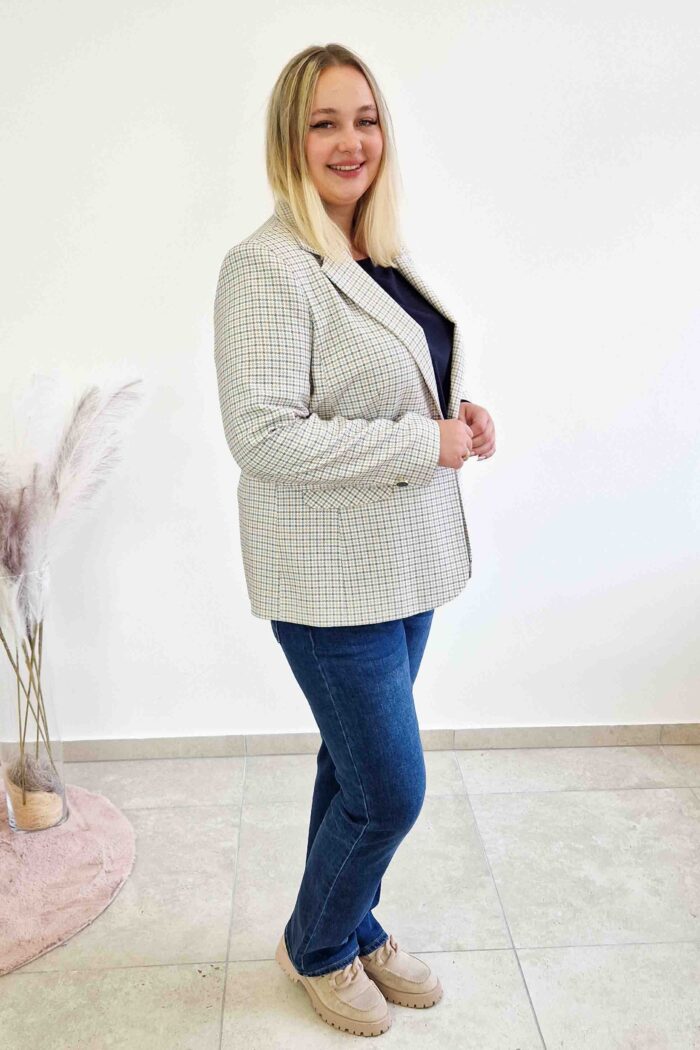 Elegancka Marynarka w Kratę Damska Beżowo-Granatowa - obrazek 5