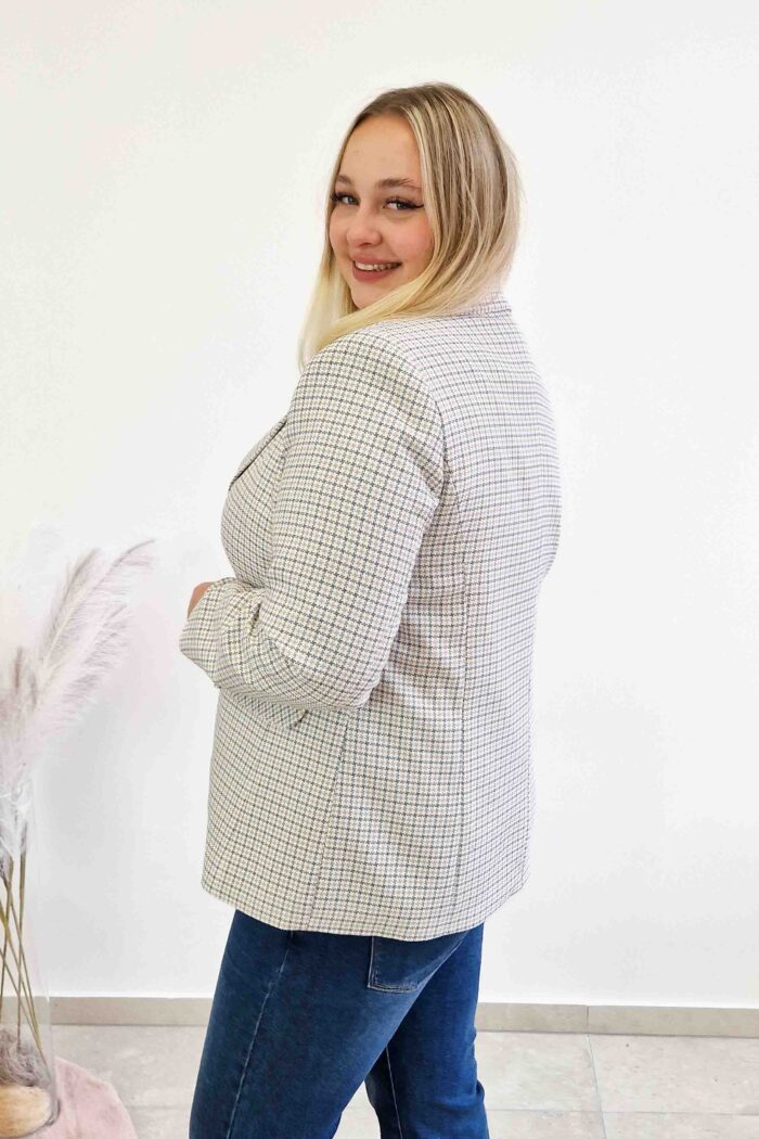 Elegancka Marynarka w Kratę Damska Beżowo-Granatowa - obrazek 4