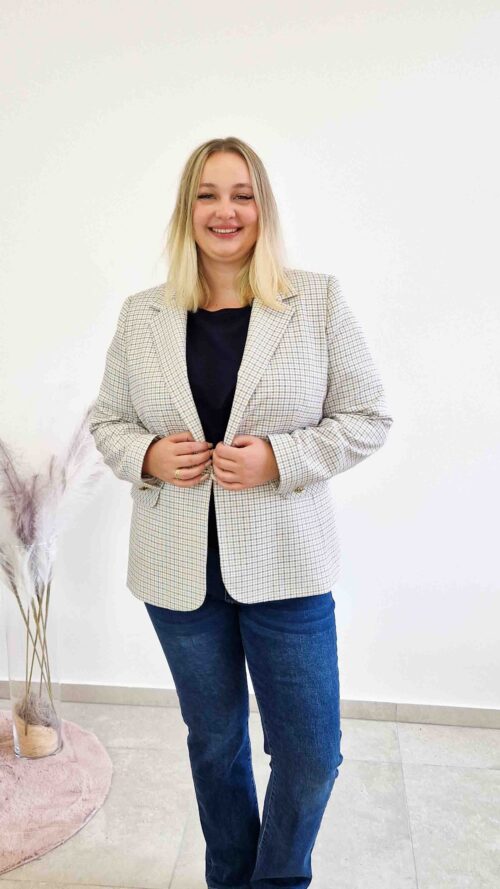 Elegancka Marynarka w Kratę Damska Beżowo-Granatowa