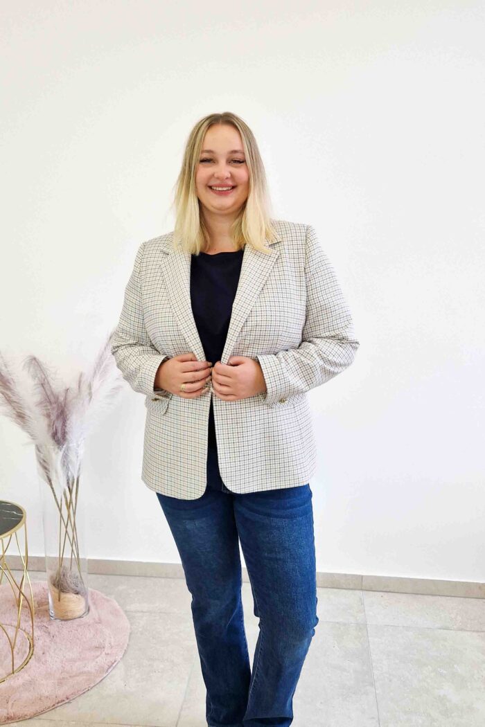Elegancka Marynarka w Kratę Damska Beżowo-Granatowa