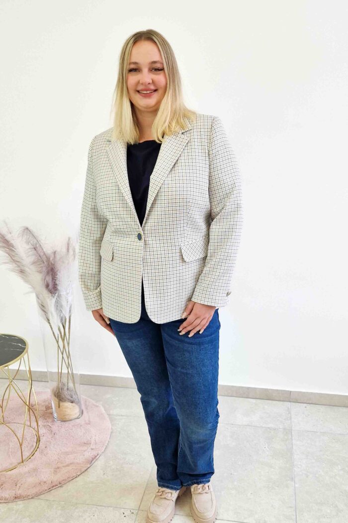 Elegancka Marynarka w Kratę Damska Beżowo-Granatowa - obrazek 7