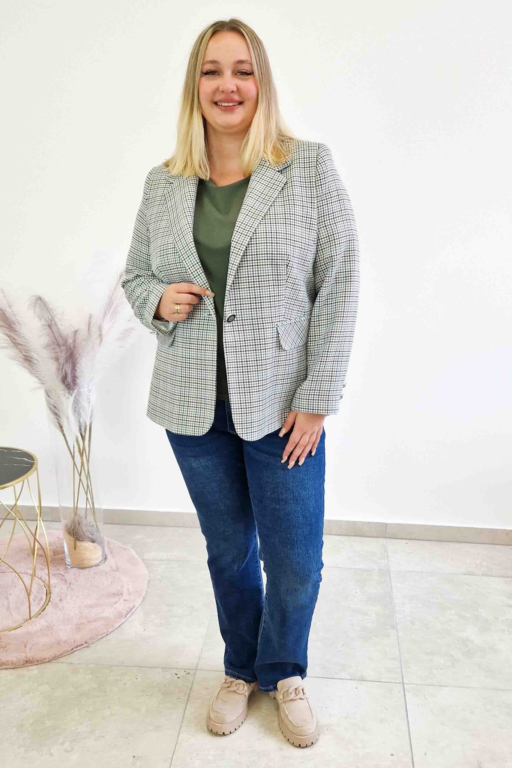 Sklep internetowy NeliNo Elegancka Marynarka w Kratę Damska Granatowo-Zielona - obrazek 2