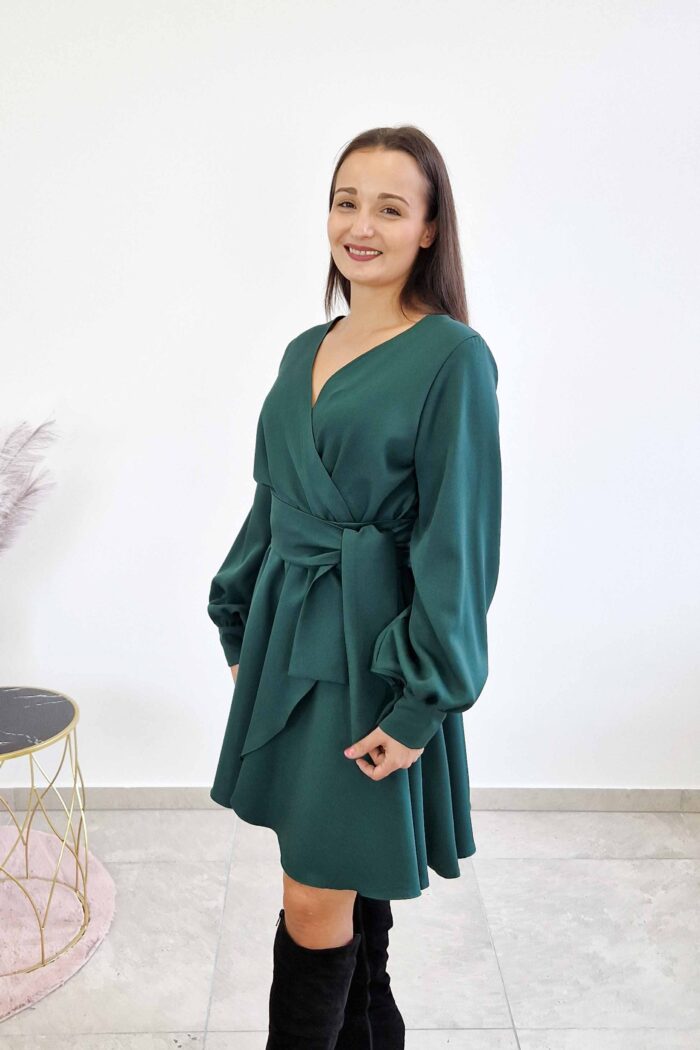 Elegancka Sukienka Damska Midi z Szarfą w Pasie Butelkowa Zieleń - obrazek 3