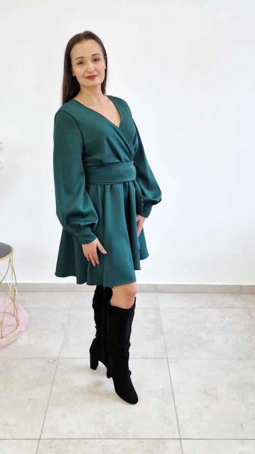 Elegancka Sukienka Damska Midi z Szarfą w Pasie Butelkowa Zieleń