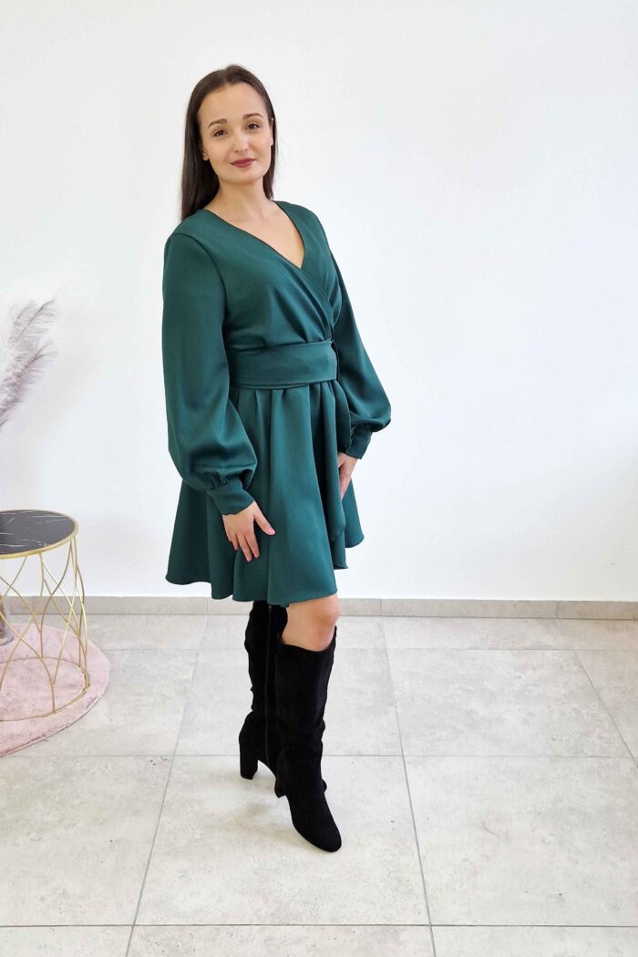 Elegancka Sukienka Damska Midi z Szarfą w Pasie Butelkowa Zieleń