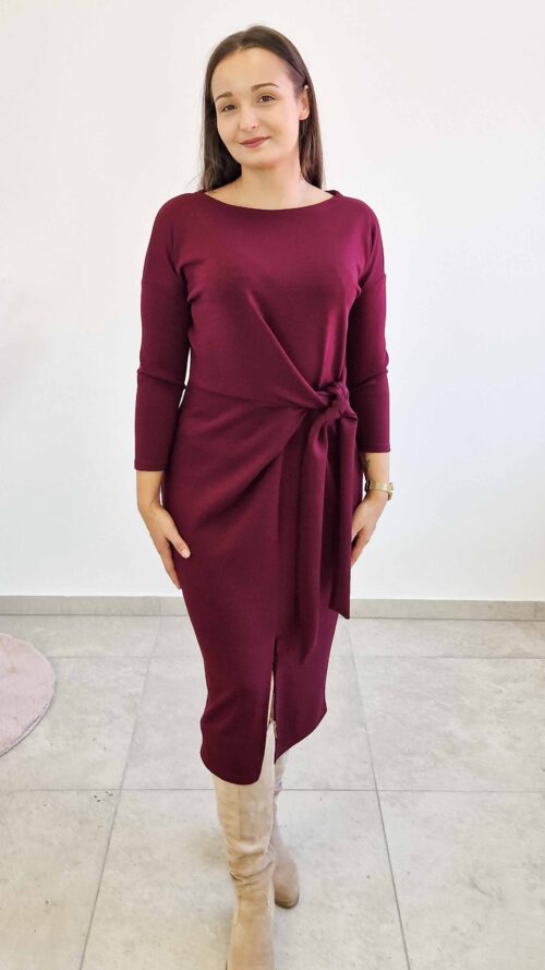 Elegancka Sukienka Maxi Damska z Wiązaniem w Pasie Bordowa