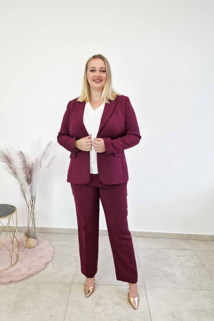 Bordowy Elegancki Garnitur Damski Jednorzędowy Ewola