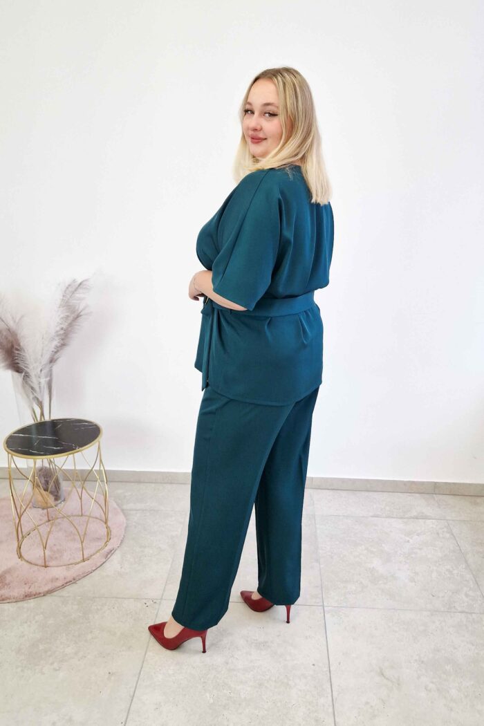 Elegancki Komplet Damski Spodnie i Bluzka Kimono Butelkowa Zieleń - obrazek 3