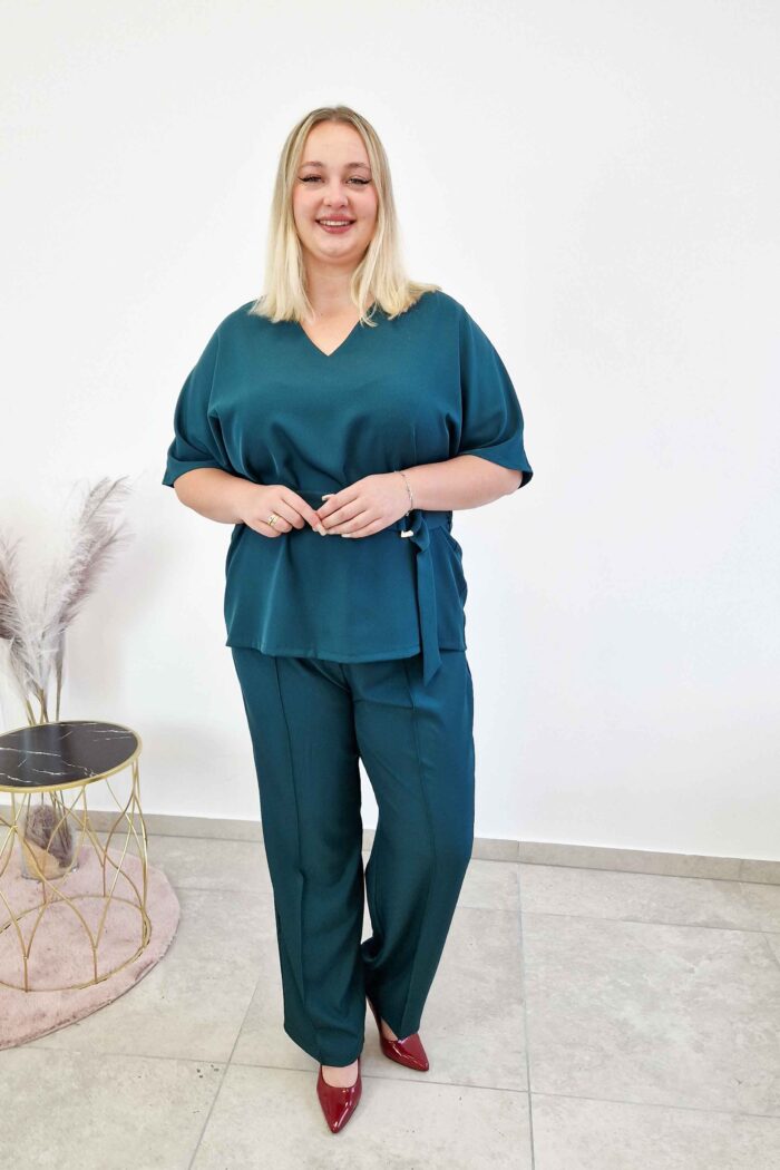 Elegancki Komplet Damski Spodnie i Bluzka Kimono Butelkowa Zieleń - obrazek 2