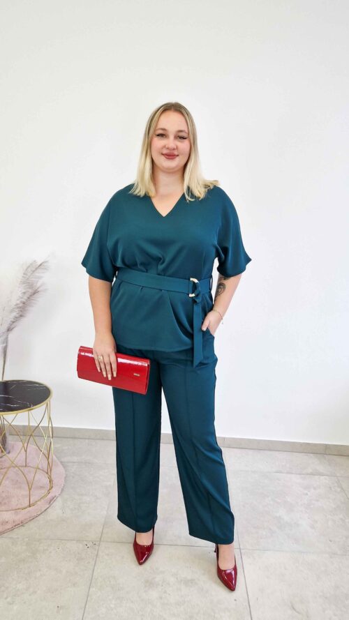 Elegancki Komplet Damski Spodnie i Bluzka Kimono Butelkowa Zieleń