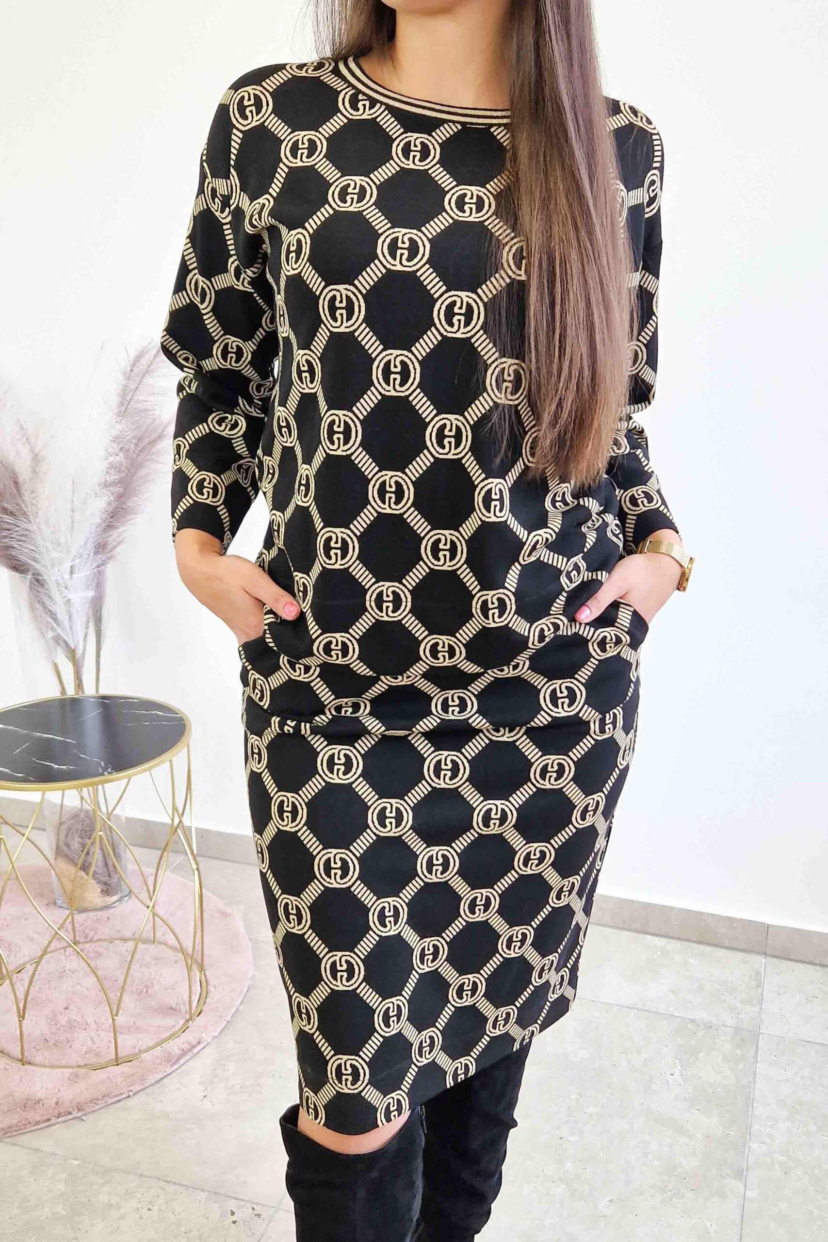 Elegancki Komplet Glamour Bluzka i Spódnica Midi we Wzory GG - obrazek 2