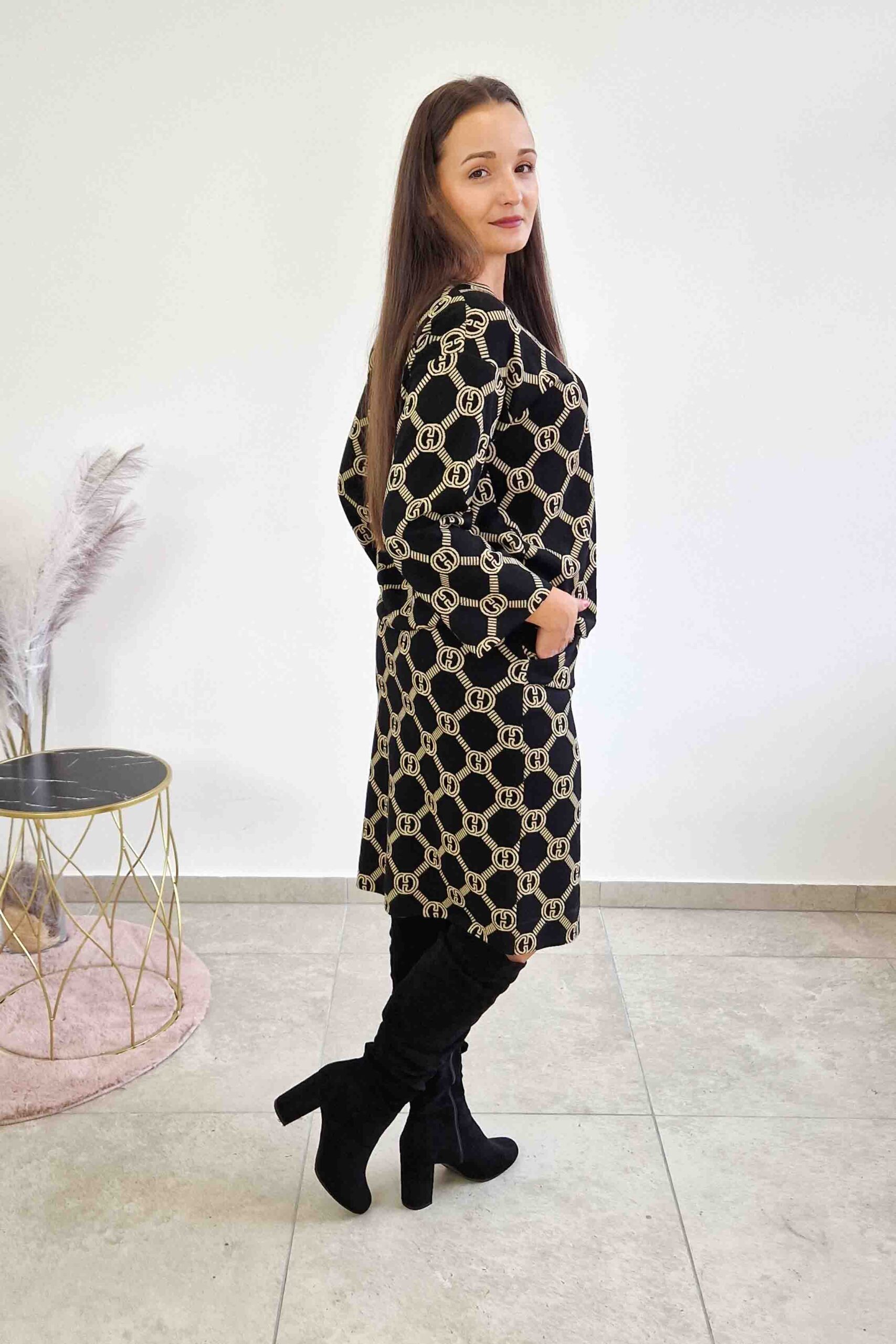 Elegancki Komplet Glamour Bluzka i Spódnica Midi we Wzory GG - obrazek 3