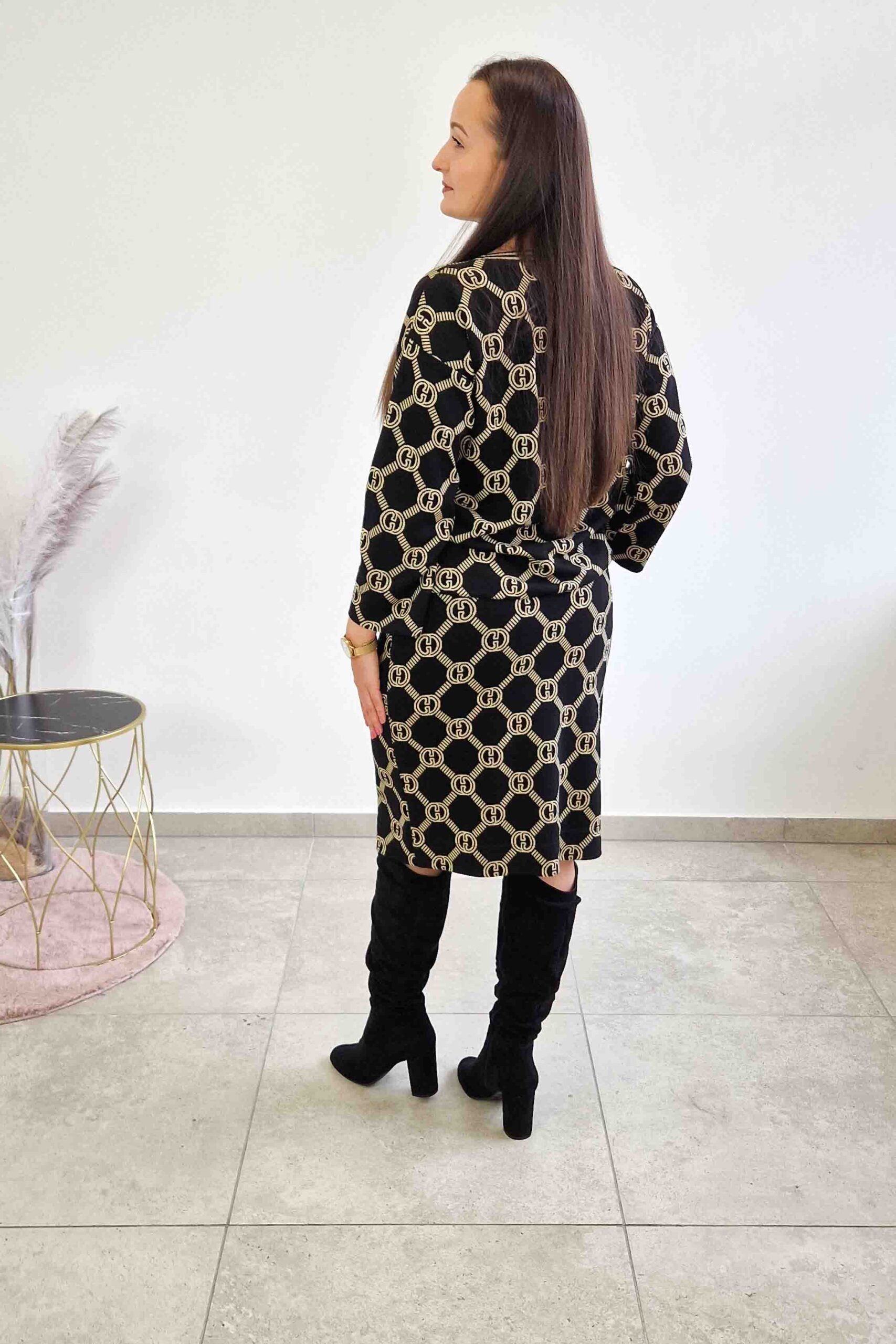 Elegancki Komplet Glamour Bluzka i Spódnica Midi we Wzory GG - obrazek 4