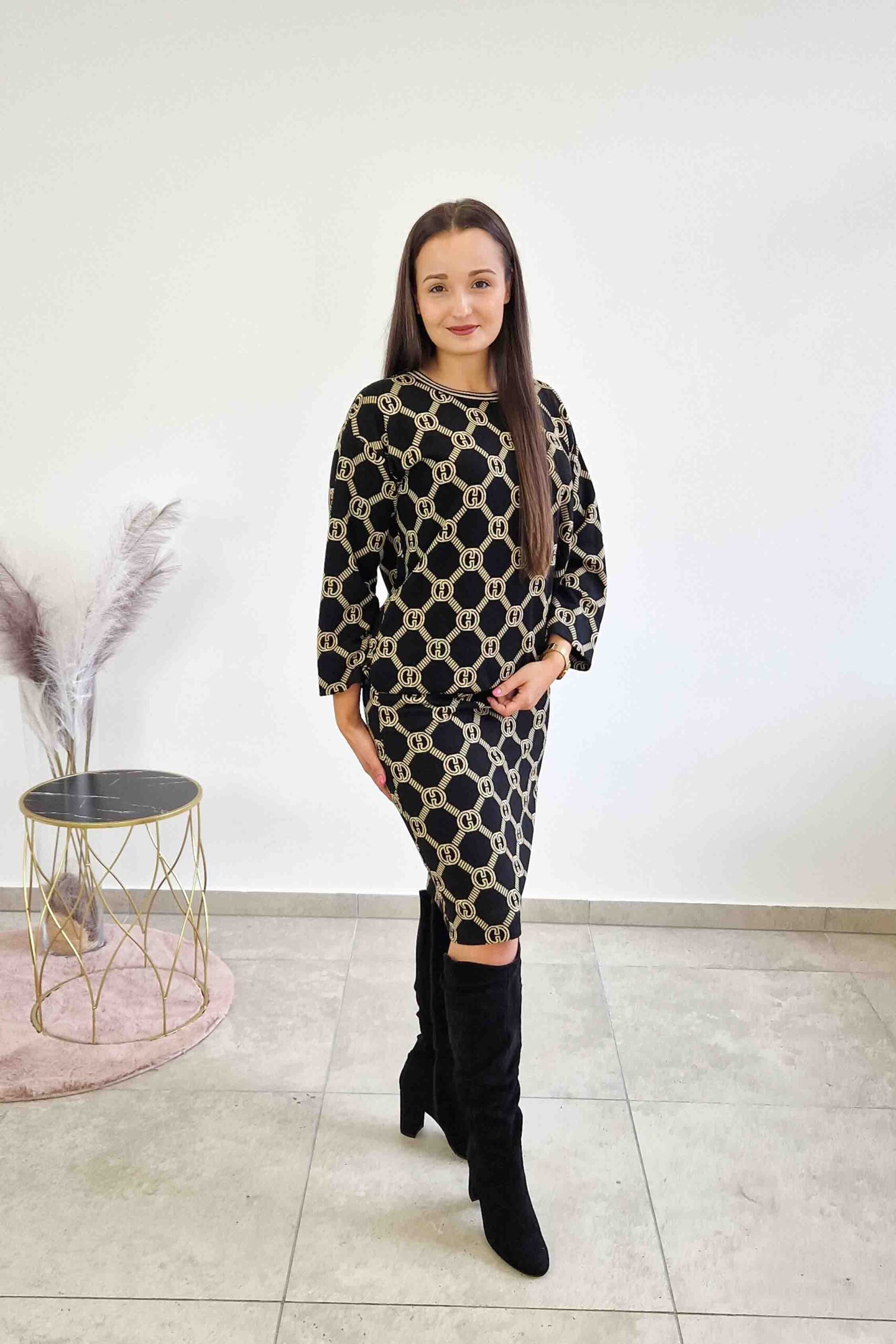 Elegancki Komplet Glamour Bluzka i Spódnica Midi we Wzory GG