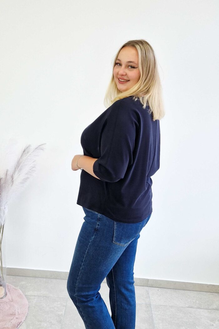 Luźna Bluzka Damska Oversize Rękaw 3/4 Granatowa - obrazek 4
