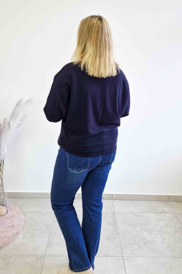 Luźna Bluzka Damska Oversize Rękaw 3/4 Granatowa - obrazek 3