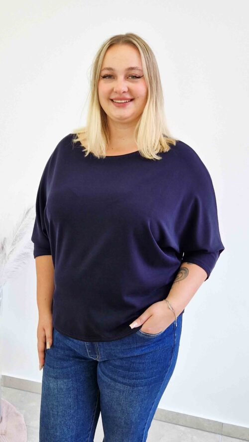 Luźna Bluzka Damska Oversize Rękaw 3/4 Granatowa