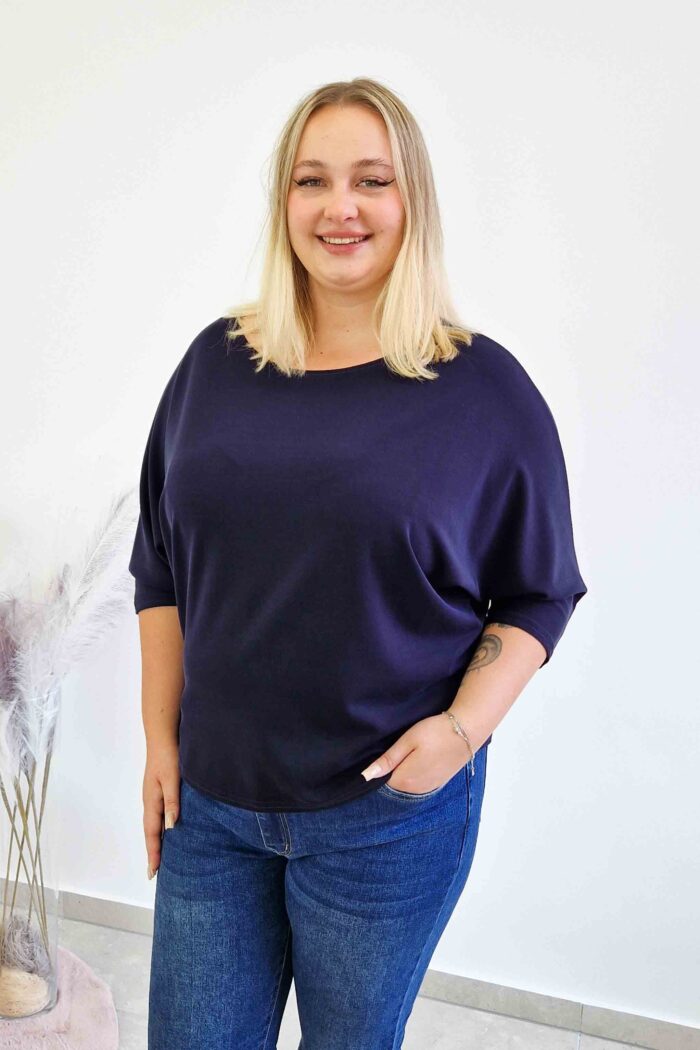 Luźna Bluzka Damska Oversize Rękaw 3/4 Granatowa