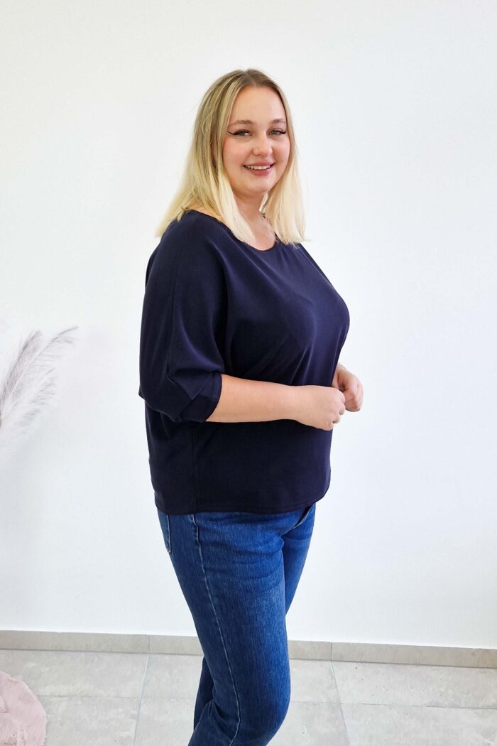 Luźna Bluzka Damska Oversize Rękaw 3/4 Granatowa - obrazek 2