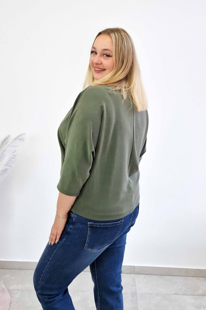 Luźna Bluzka Damska Oversize Rękaw 3/4 Oliwkowa - obrazek 2