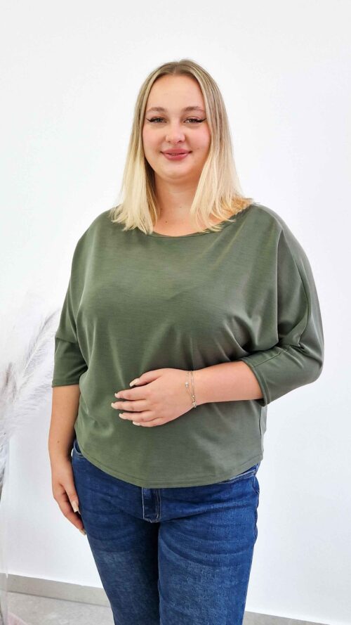 Luźna Bluzka Damska Oversize Rękaw 3/4 Oliwkowa