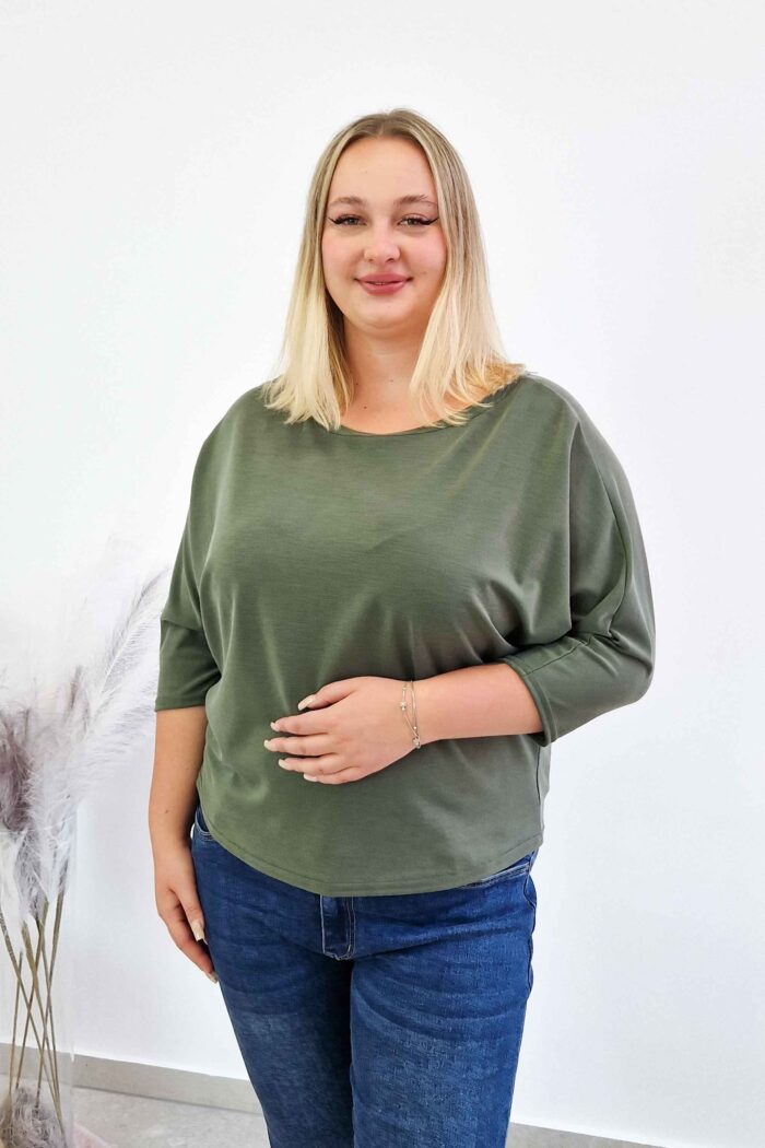 Luźna Bluzka Damska Oversize Rękaw 3/4 Oliwkowa