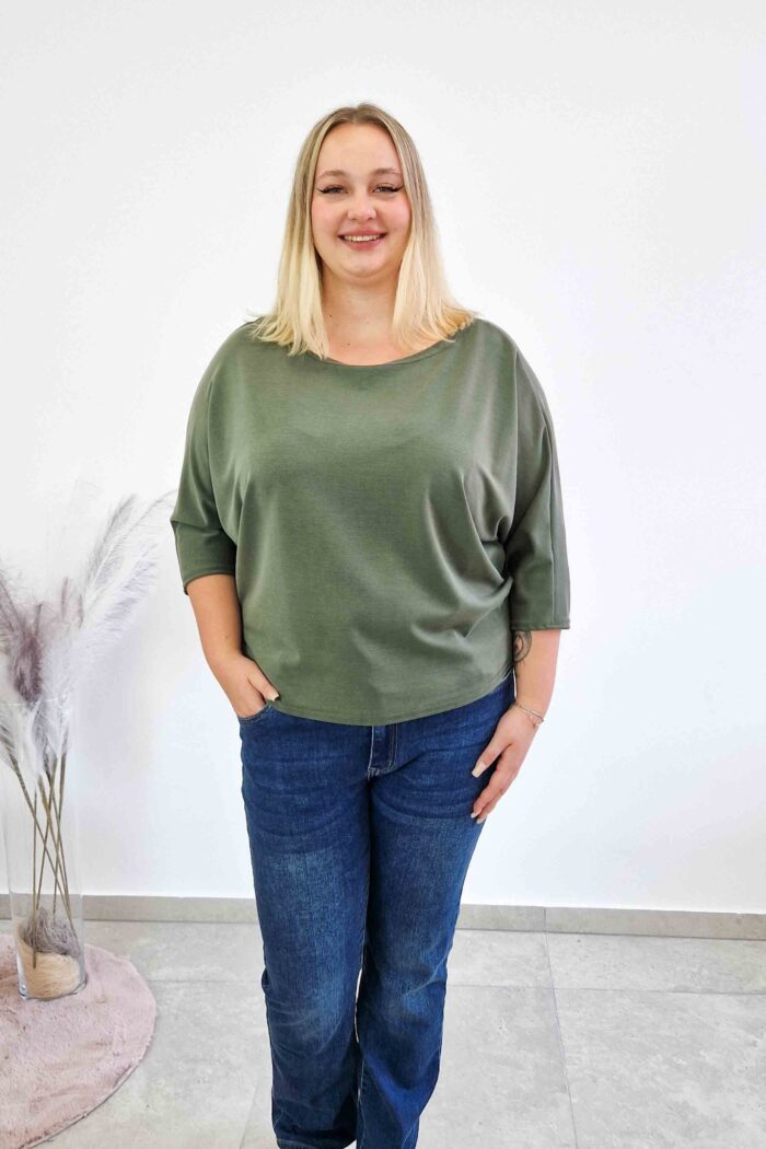 Luźna Bluzka Damska Oversize Rękaw 3/4 Oliwkowa - obrazek 3