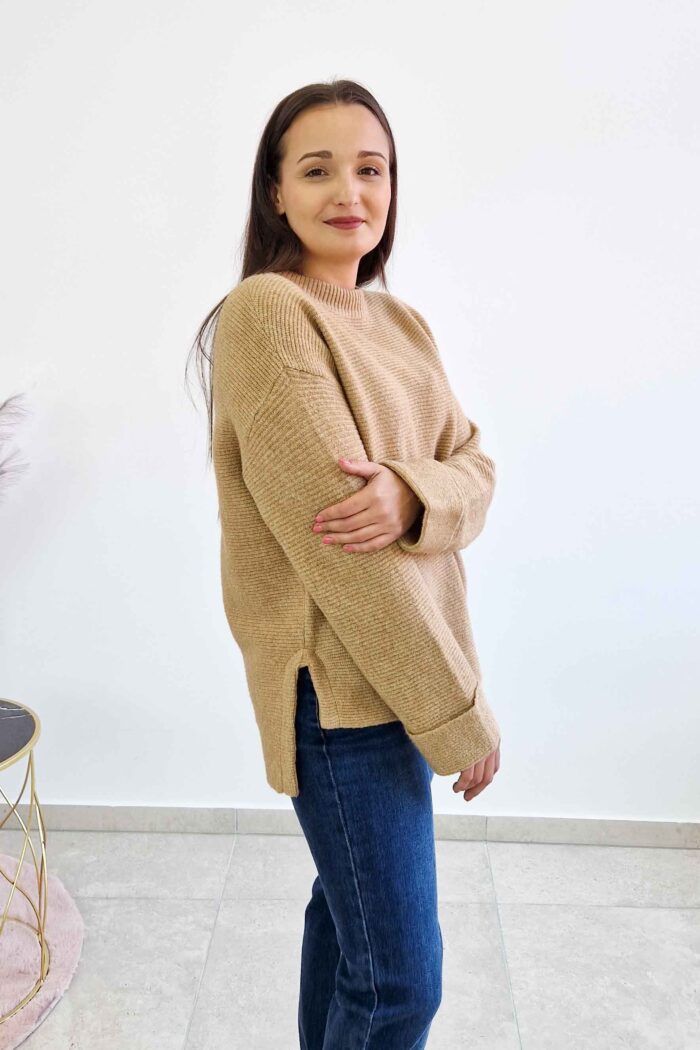 Luźny Sweter Damski na co Dzień Karmelowy - obrazek 3