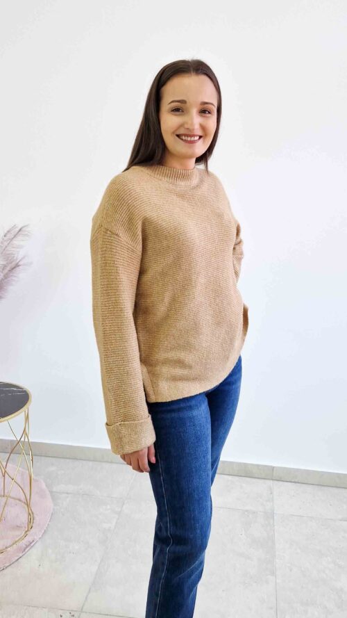 Luźny Sweter Damski na co Dzień Karmelowy