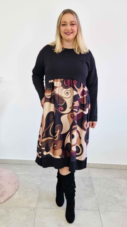 Atłasowa Sukienka Midi we Wzory z Kieszeniami Czarna z Beżem