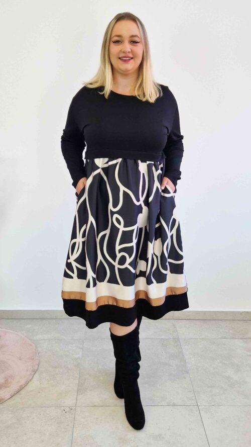 Atłasowa Sukienka Midi we Wzory z Kieszeniami Czarna z Kremem