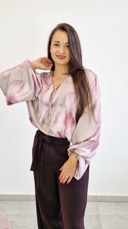 Bluzka Damska Atłas z Bufiastymi Rękawami Pudrowo Różowa