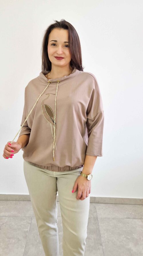 Bluzka Damska z Czaplą Rękaw 3/4 Beżowa