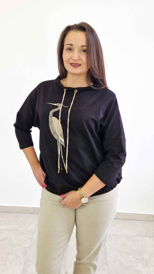 Bluzka Damska z Czaplą Rękaw 3/4 Czarna