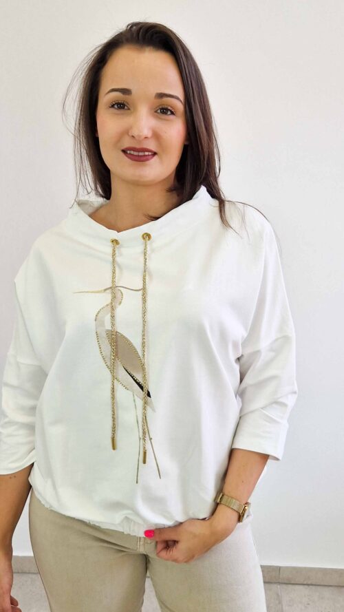 Bluzka Damska z Czaplą Rękaw 3/4 Kremowa